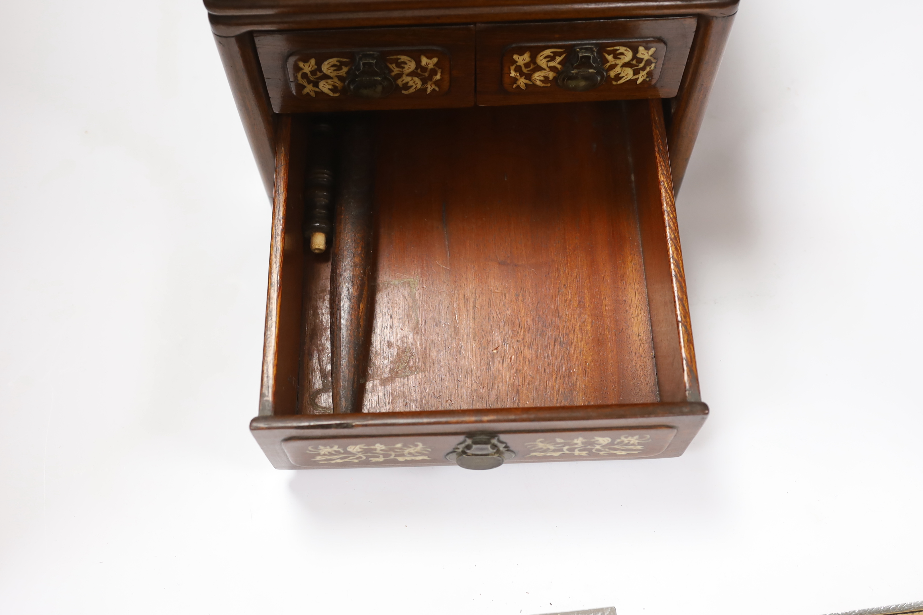 A calligrapher’s box with bone inlay and three fitted drawers, 34cm in length